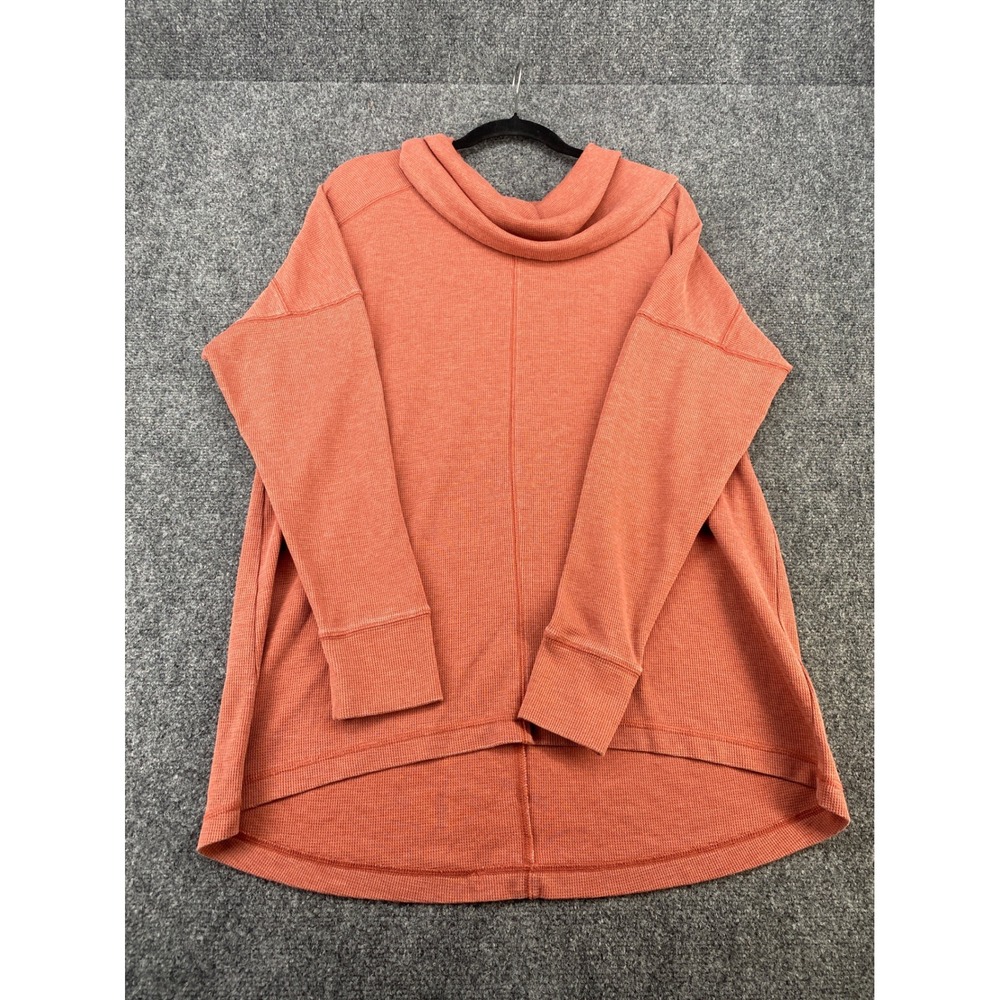 Lucky Brand Waffle Knit Thermal Cowl Neck Top Womens 1X Orange High Low Pullover
